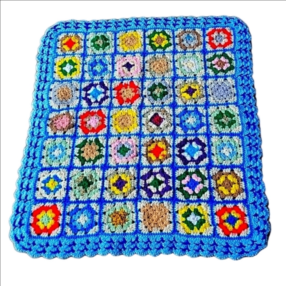 Crocheted Afghan Vintage Knitted Throw Blue Pastel Lap Chair Retro Handmade